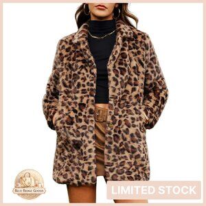 Faux Fur Leopard Coat Long Winter Jacket Notch Lapel Chic Classic